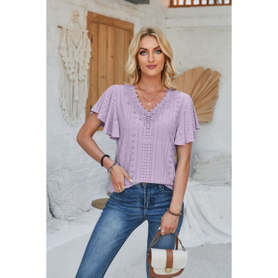 Eyelet Applique V - Neck Cap Sleeve T - Shirt Apparel and Accessories