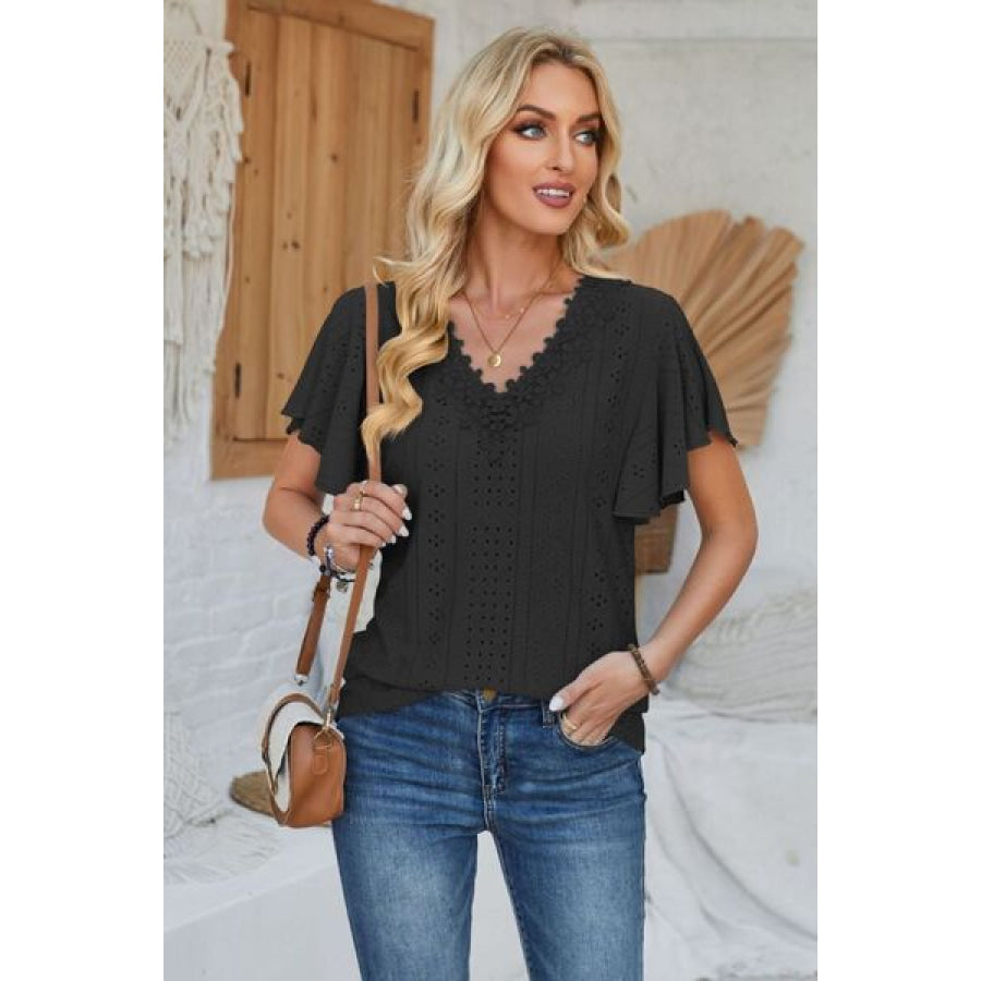 Eyelet Applique V - Neck Cap Sleeve T - Shirt Black / S Apparel and Accessories