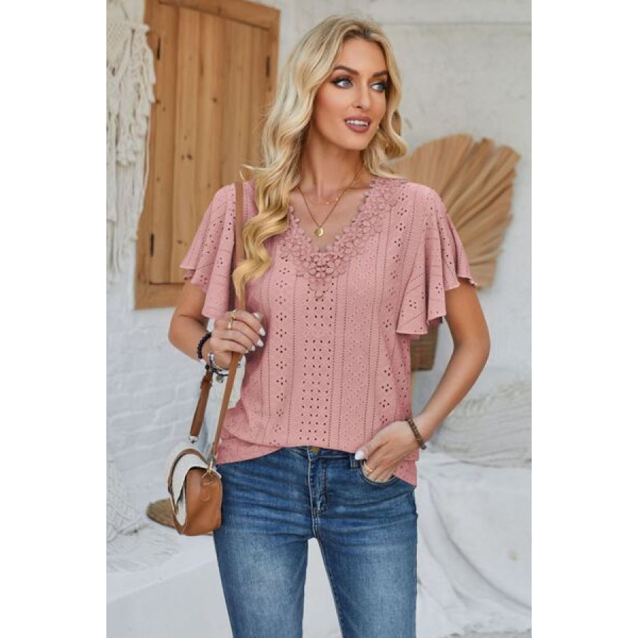 Eyelet Applique V - Neck Cap Sleeve T - Shirt Dusty Pink / S Apparel and Accessories