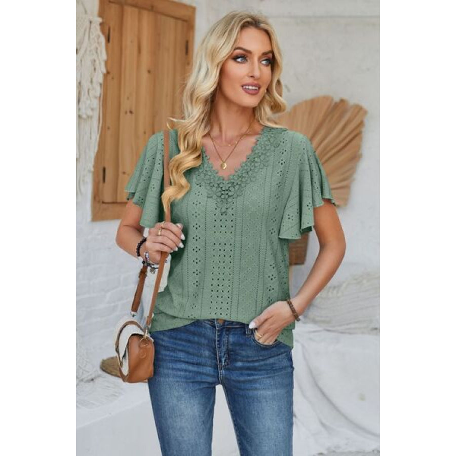 Eyelet Applique V - Neck Cap Sleeve T - Shirt Sage / S Apparel and Accessories