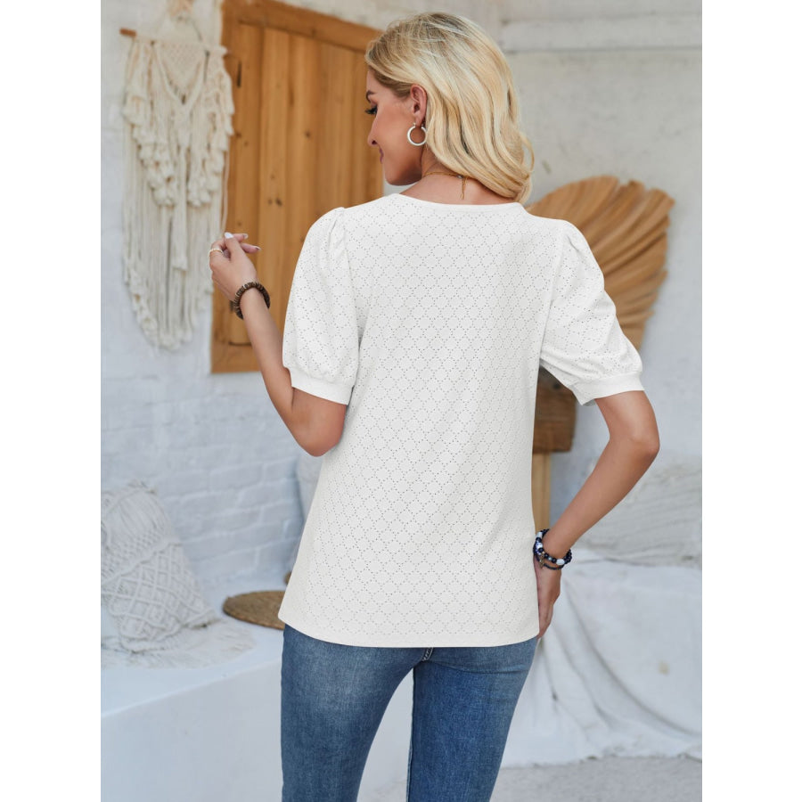 Eyelet Asymmetrical Neck Short Sleeve T - Shirt Apparel and Accessories