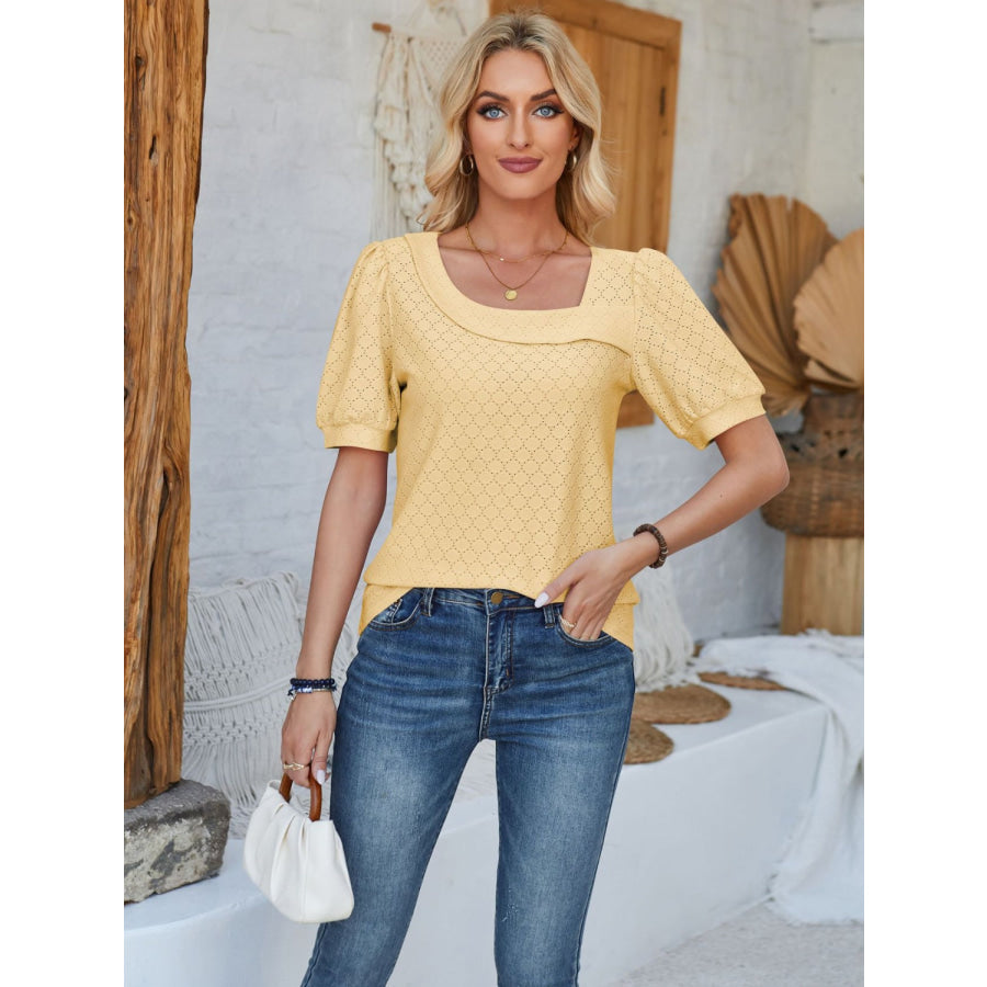 Eyelet Asymmetrical Neck Short Sleeve T - Shirt Apparel and Accessories