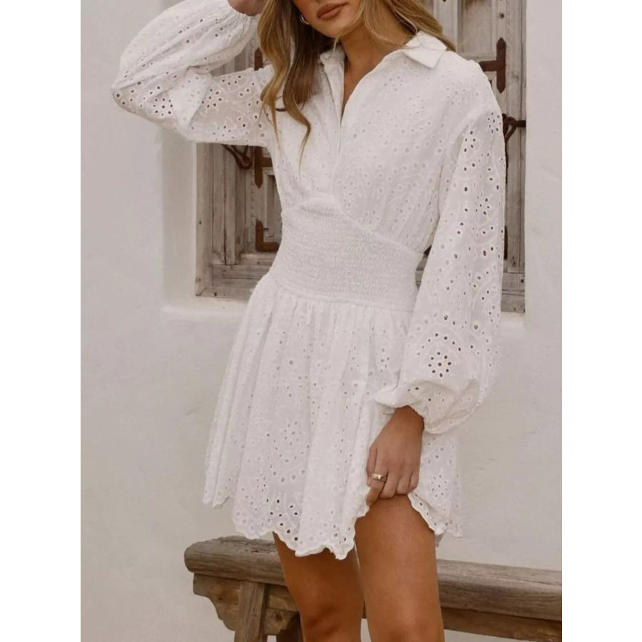 Eyelet Balloon Sleeve Mini Dress Apparel and Accessories