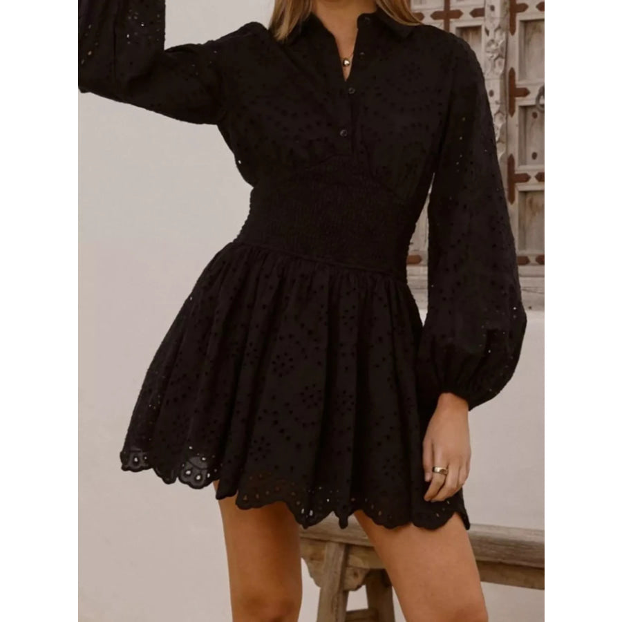 Eyelet Balloon Sleeve Mini Dress Black / S Apparel and Accessories