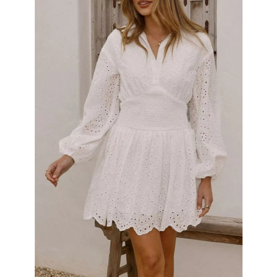 Eyelet Balloon Sleeve Mini Dress White / S Apparel and Accessories