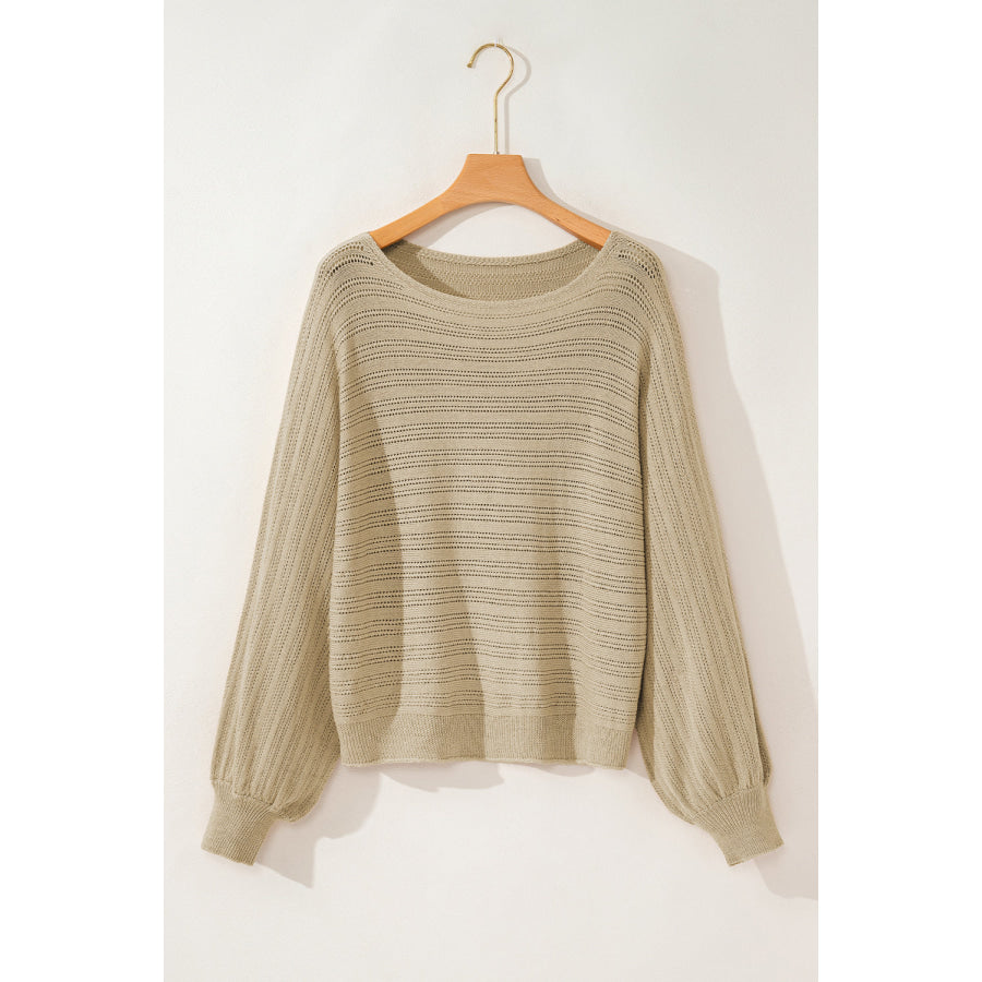 Eyelet Boat Neck Long Sleeve Knit Top Apparel and Accessories