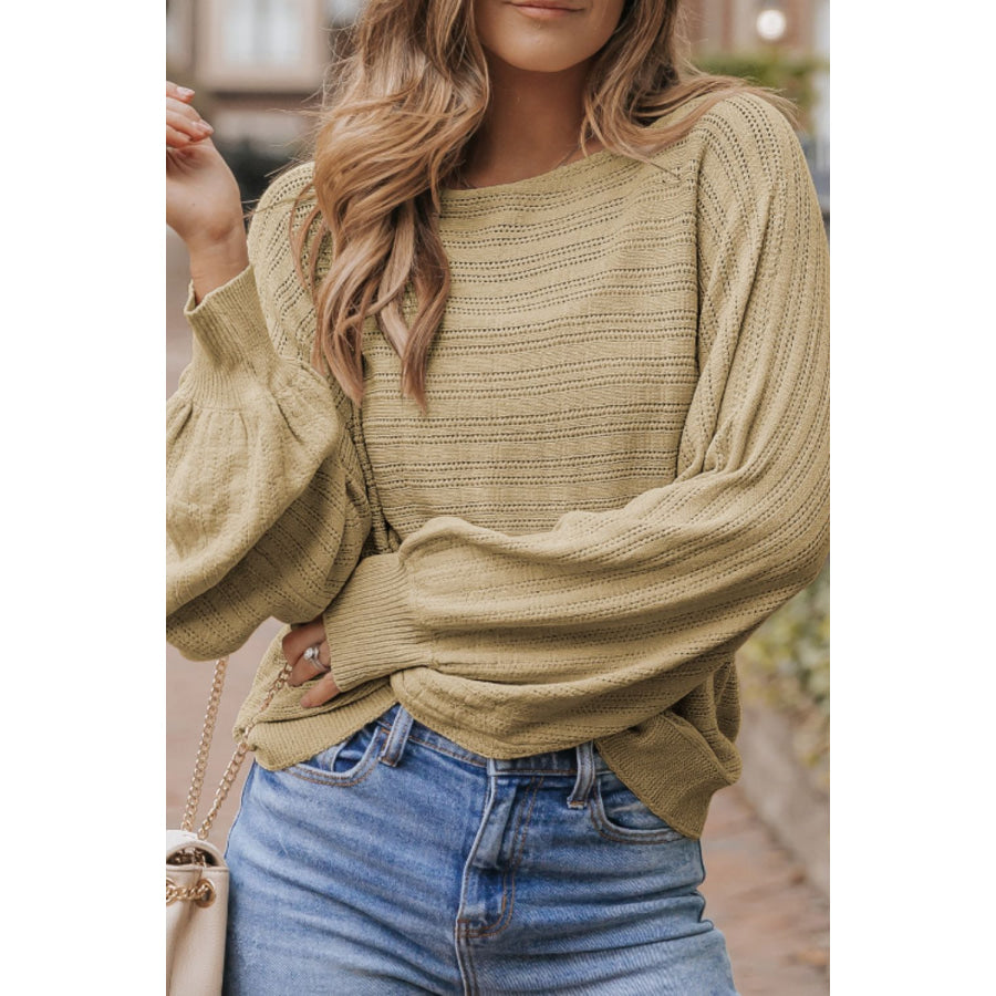 Eyelet Boat Neck Long Sleeve Knit Top Tan / S Apparel and Accessories