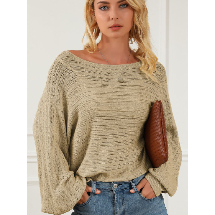 Eyelet Boat Neck Long Sleeve Knit Top Apparel and Accessories