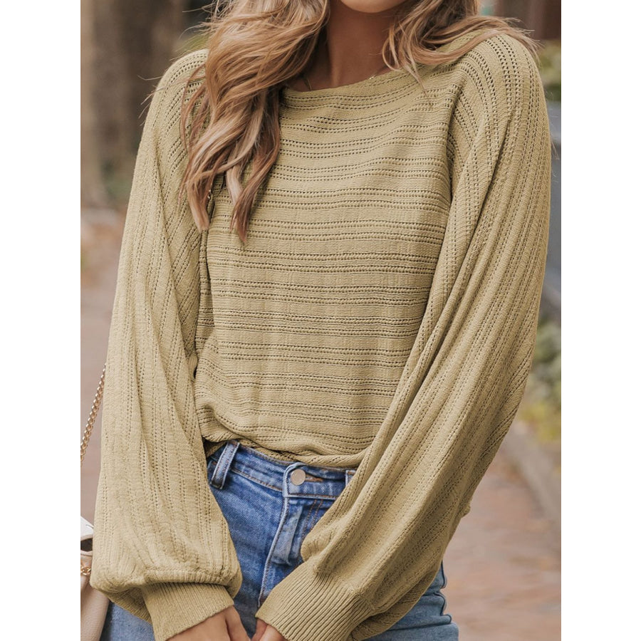 Eyelet Boat Neck Long Sleeve Knit Top Apparel and Accessories