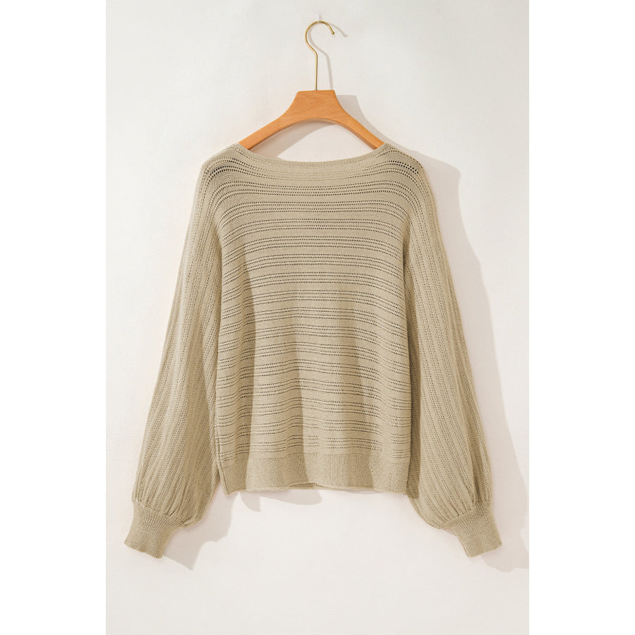 Eyelet Boat Neck Long Sleeve Knit Top Apparel and Accessories