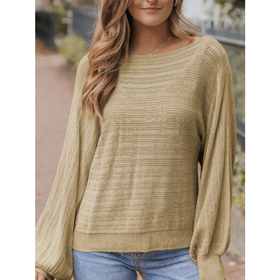 Eyelet Boat Neck Long Sleeve Knit Top Tan / S Apparel and Accessories