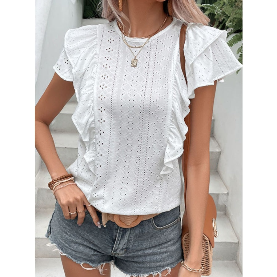 Eyelet Butterfly Sleeve Round Neck Blouse White / S