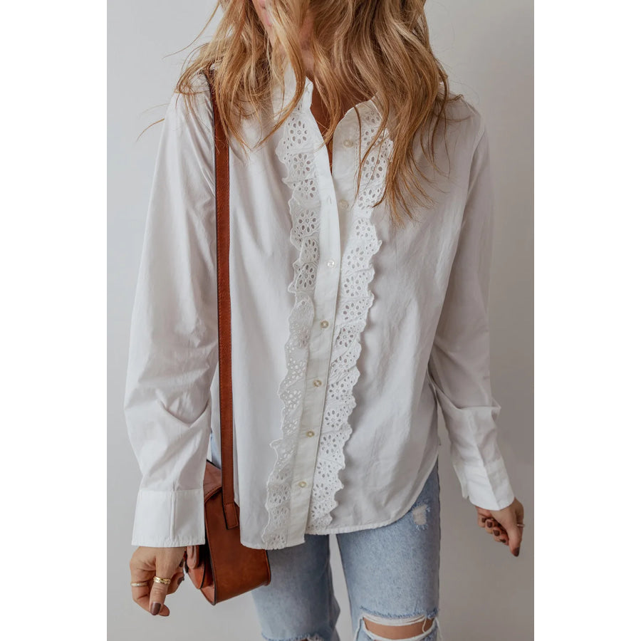 Eyelet Button Down Long Sleeve Shirt Apparel and Accessories