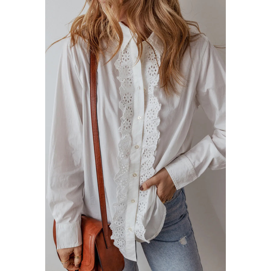 Eyelet Button Down Long Sleeve Shirt Apparel and Accessories