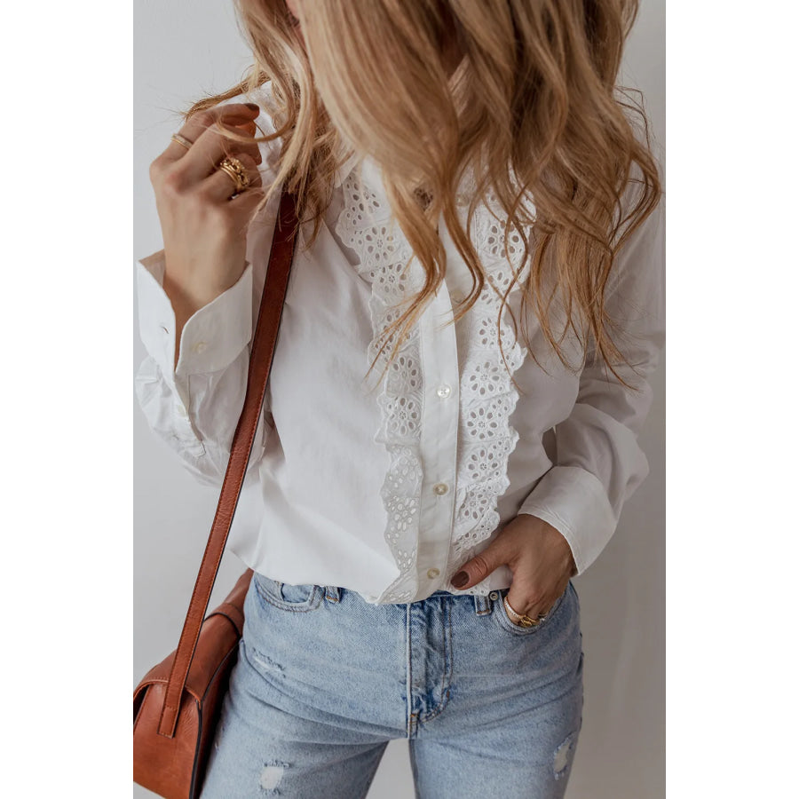 Eyelet Button Down Long Sleeve Shirt Apparel and Accessories