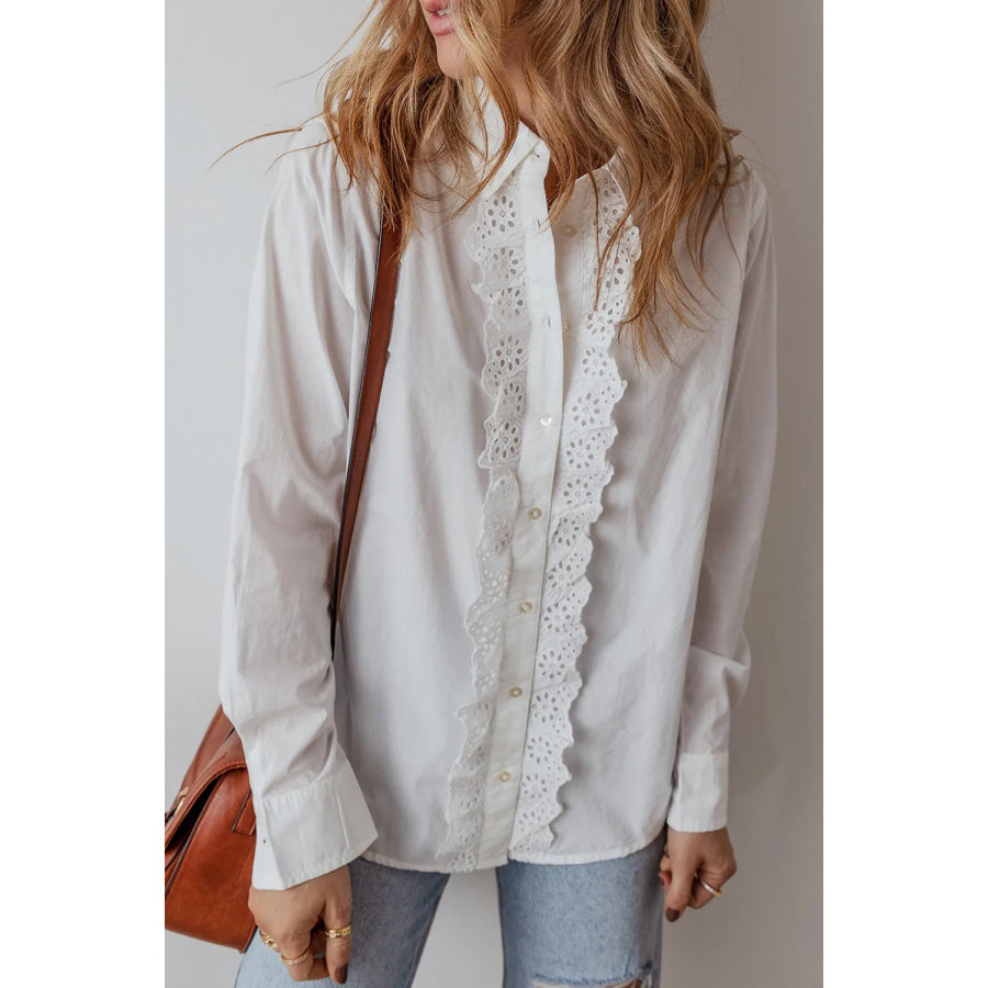 Eyelet Button Down Long Sleeve Shirt White / S Apparel and Accessories