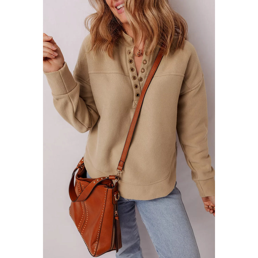 Eyelet Button Placket Dropped Shoulder Sweatshirt Apparel and Accessories