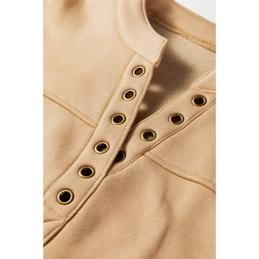 Eyelet Button Placket Dropped Shoulder Sweatshirt Apparel and Accessories