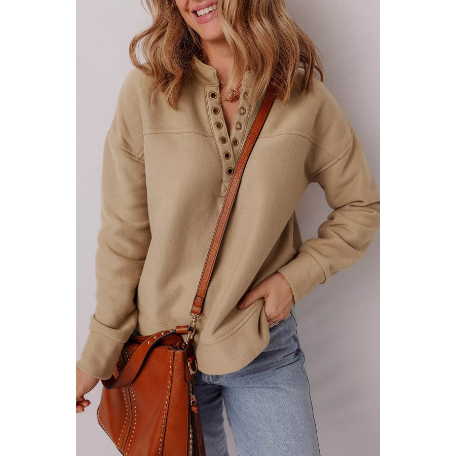Eyelet Button Placket Dropped Shoulder Sweatshirt Apparel and Accessories