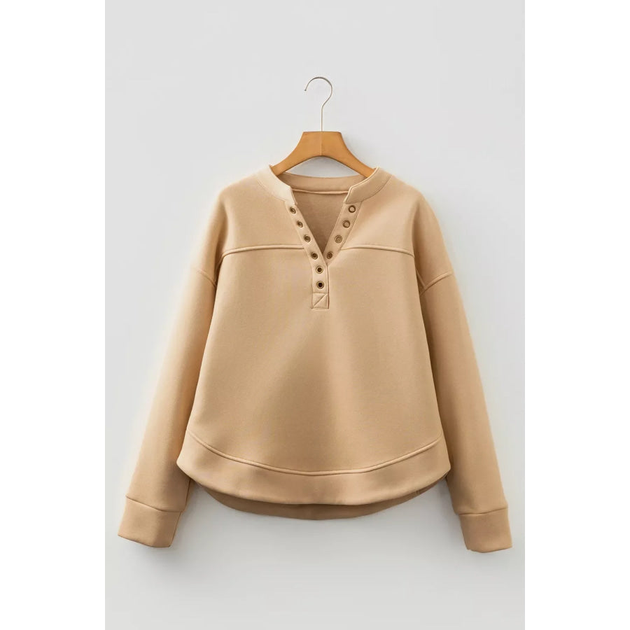 Eyelet Button Placket Dropped Shoulder Sweatshirt Apparel and Accessories