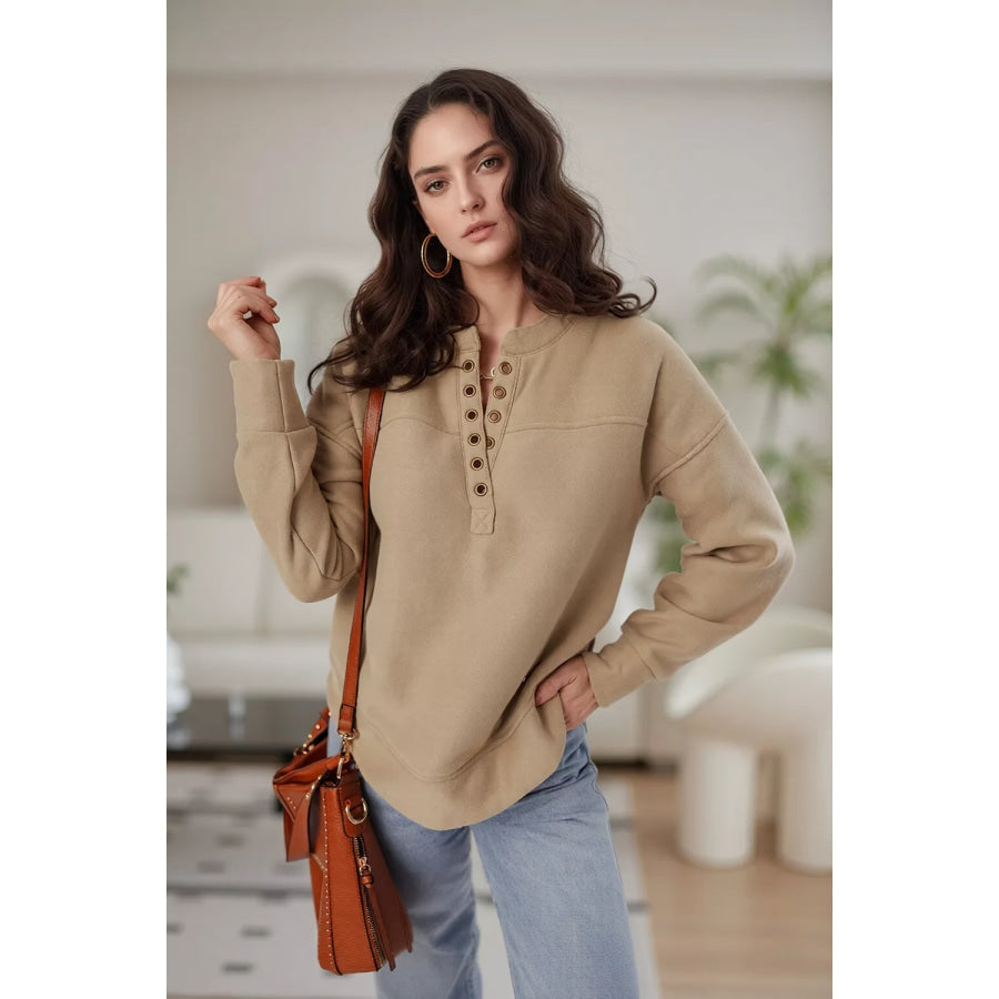 Eyelet Button Placket Dropped Shoulder Sweatshirt Khaki / S Apparel and Accessories