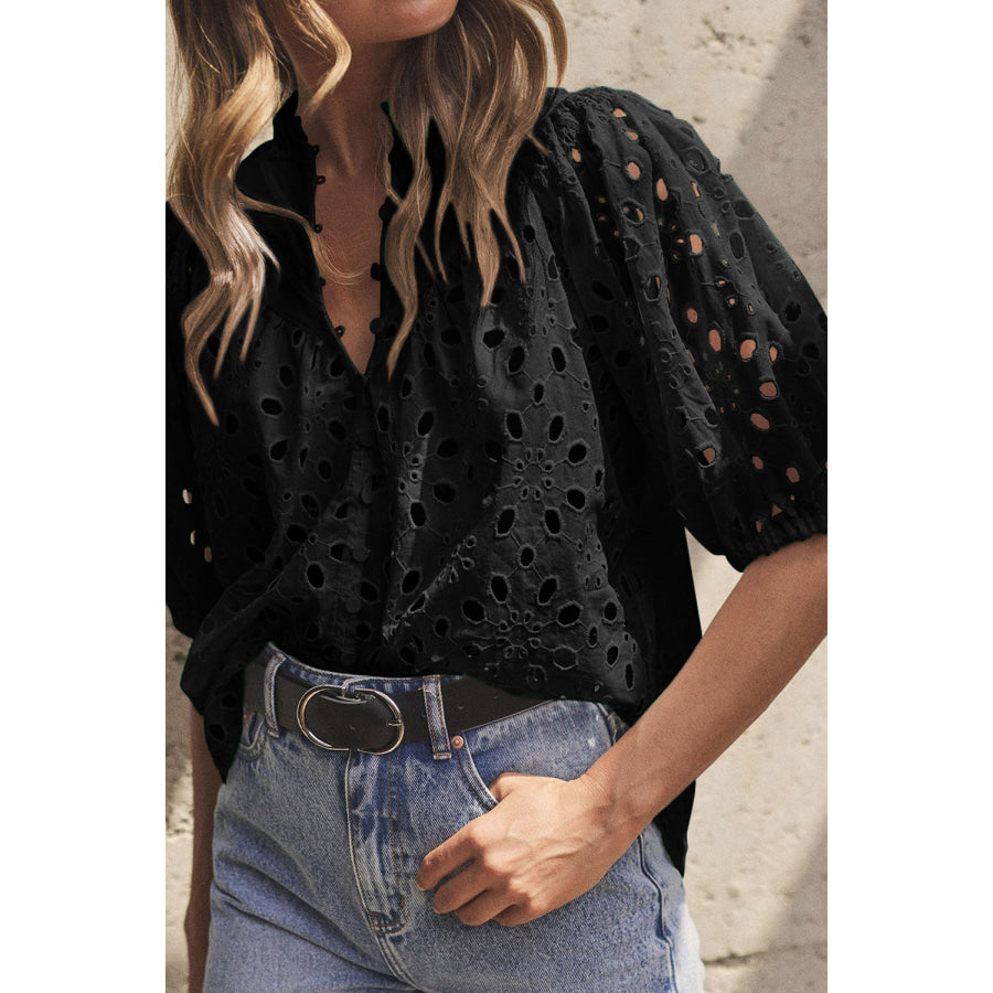 Eyelet Button Up Half Sleeve Blouse Apparel and Accessories