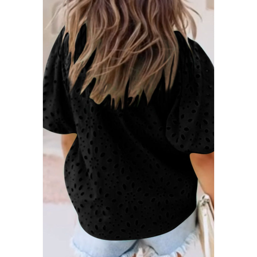 Eyelet Button Up Half Sleeve Blouse Apparel and Accessories