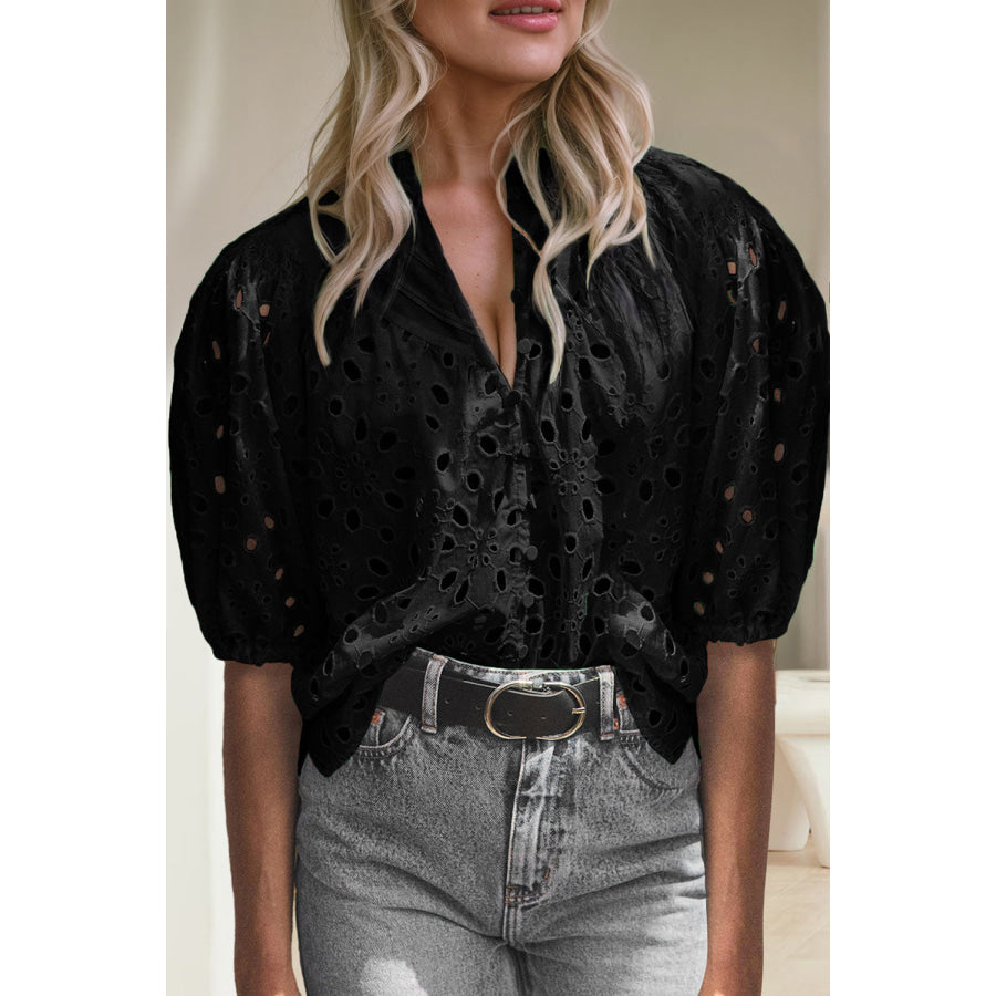 Eyelet Button Up Half Sleeve Blouse Black / S Apparel and Accessories