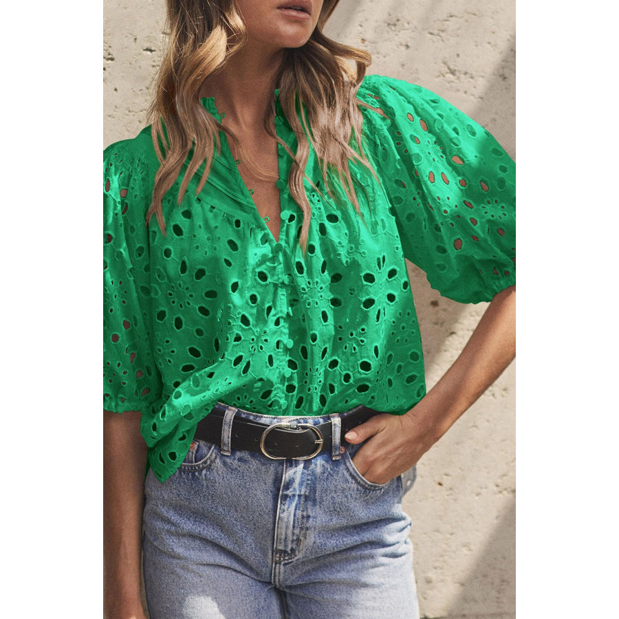 Eyelet Button Up Half Sleeve Blouse Green / L Apparel and Accessories