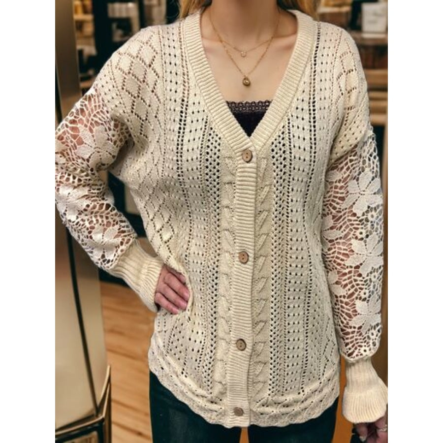 Eyelet Button Up Lantern Sleeve Cardigan Apparel and Accessories