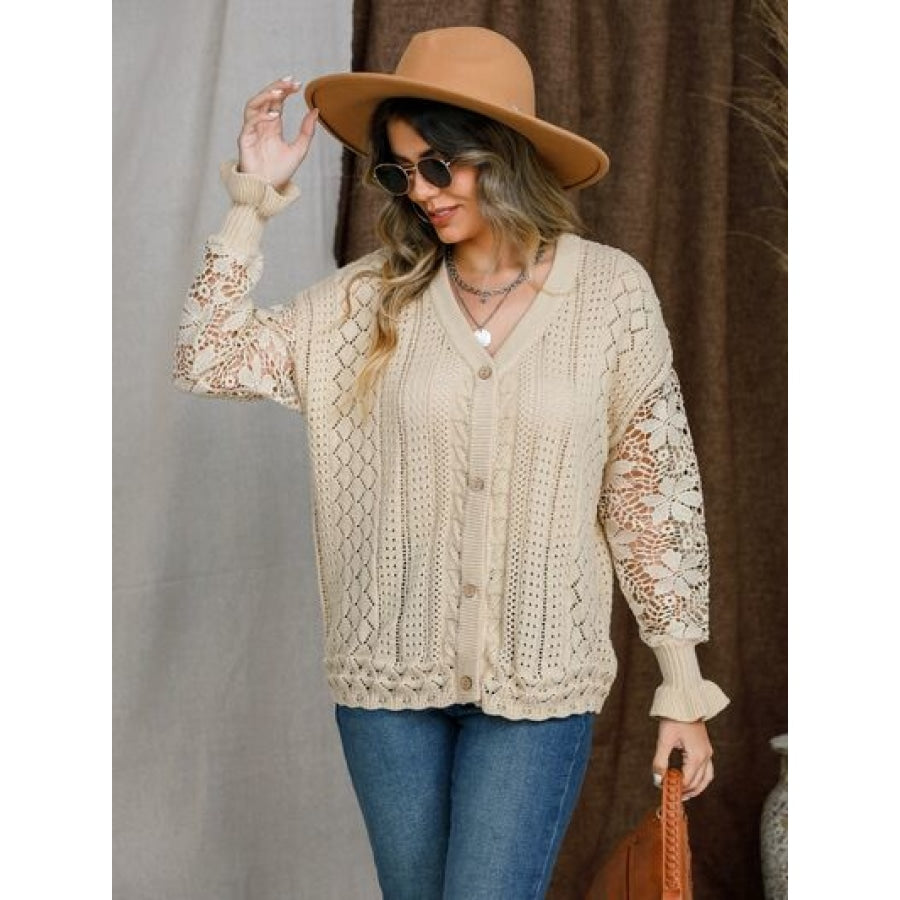 Eyelet Button Up Lantern Sleeve Cardigan Apparel and Accessories