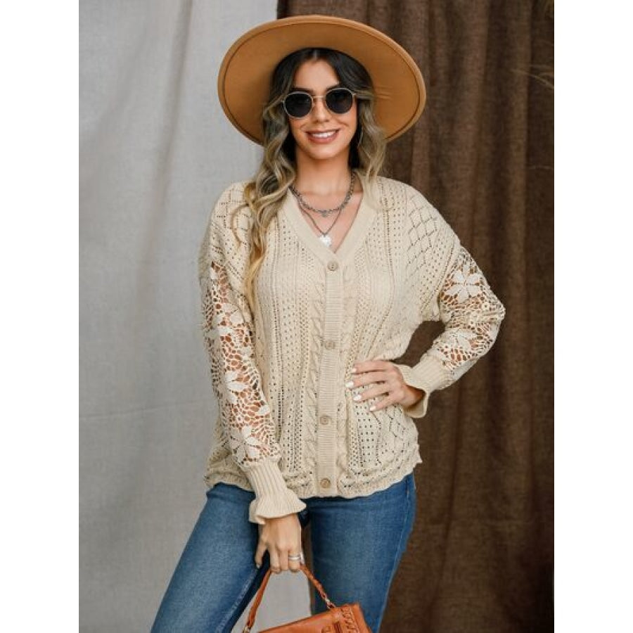 Eyelet Button Up Lantern Sleeve Cardigan Apparel and Accessories