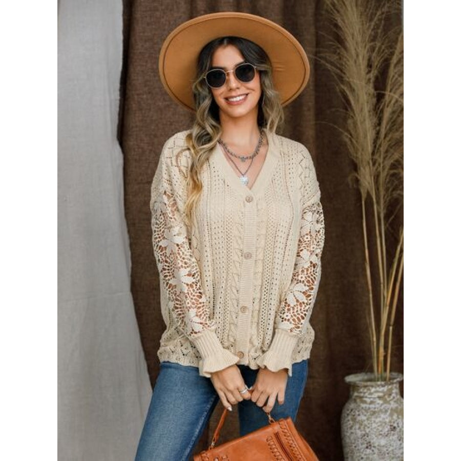 Eyelet Button Up Lantern Sleeve Cardigan Apparel and Accessories