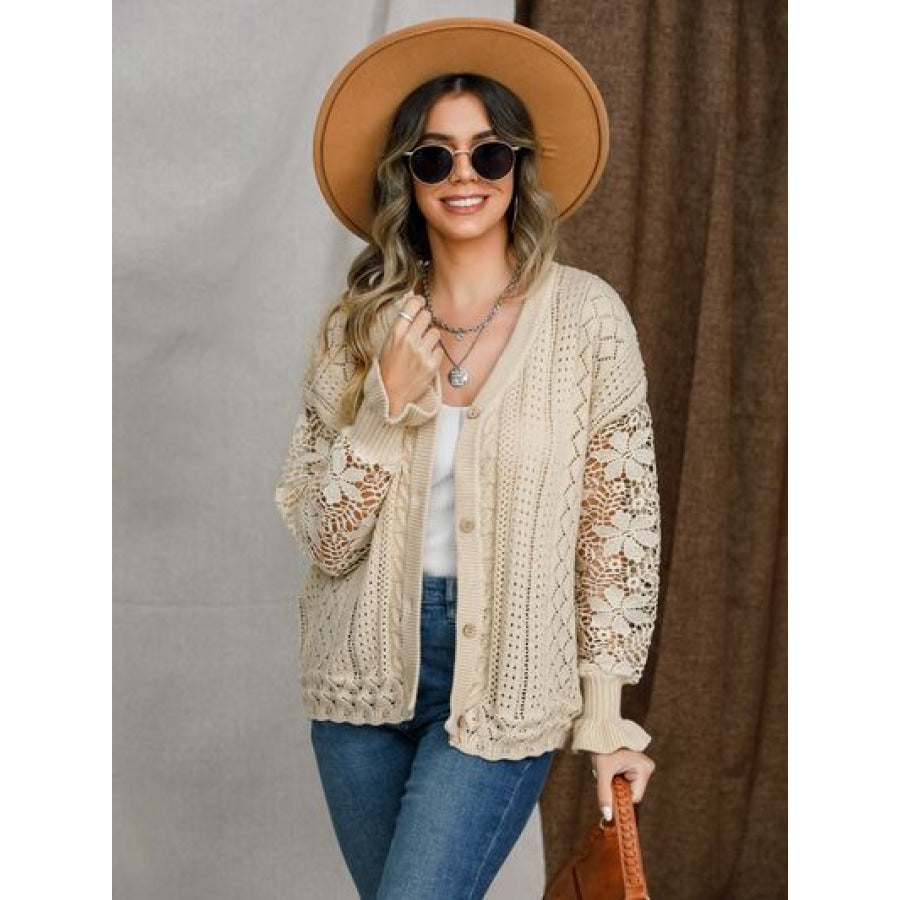 Eyelet Button Up Lantern Sleeve Cardigan Sand / S Apparel and Accessories