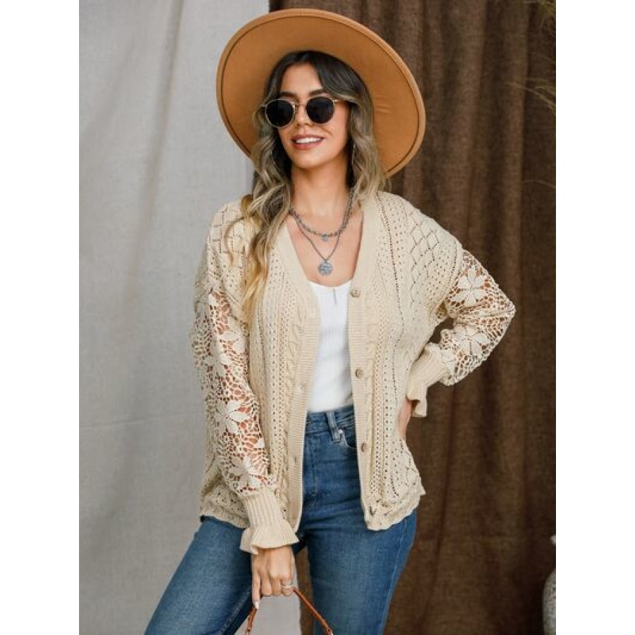 Eyelet Button Up Lantern Sleeve Cardigan Sand / S Apparel and Accessories