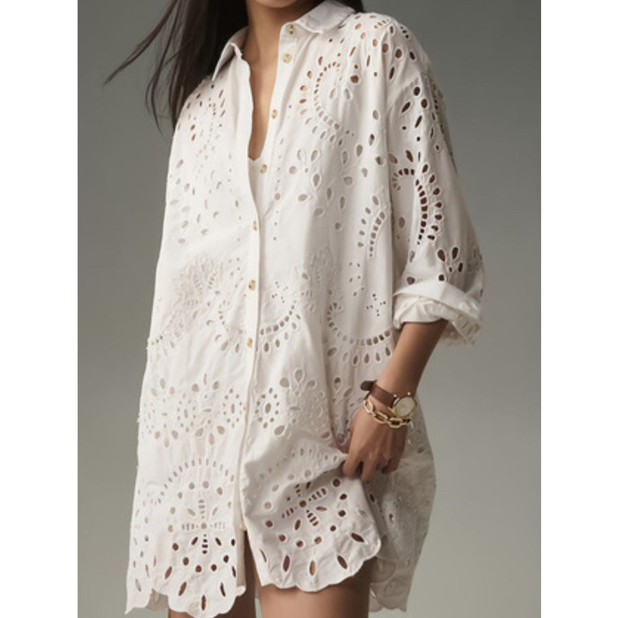 Eyelet Button Up Longline Shirt Apparel and Accessories