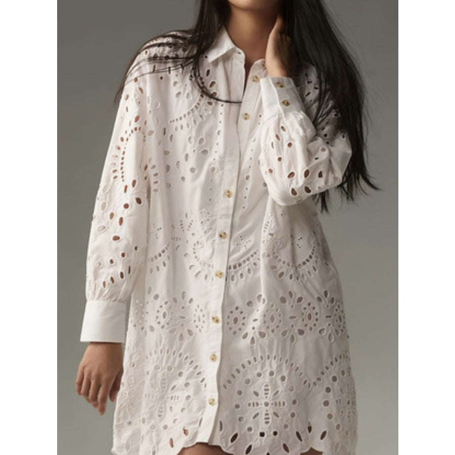 Eyelet Button Up Longline Shirt White / S Apparel and Accessories