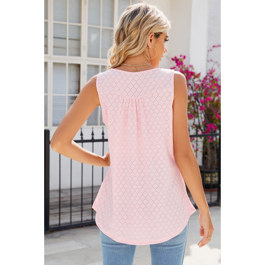 Eyelet Buttoned Round Neck Tank Apparel and Accessories