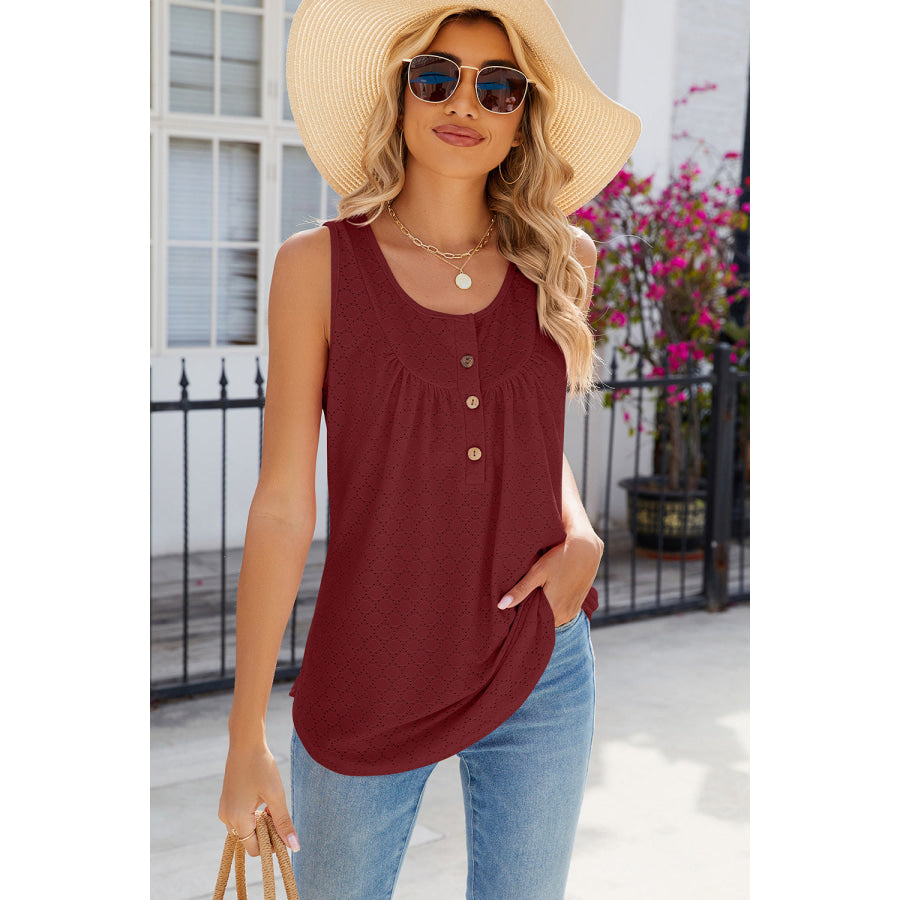 Eyelet Buttoned Round Neck Tank Apparel and Accessories