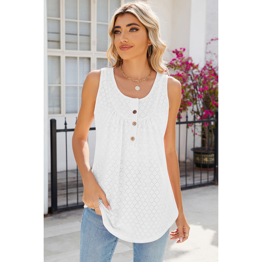 Eyelet Buttoned Round Neck Tank Apparel and Accessories