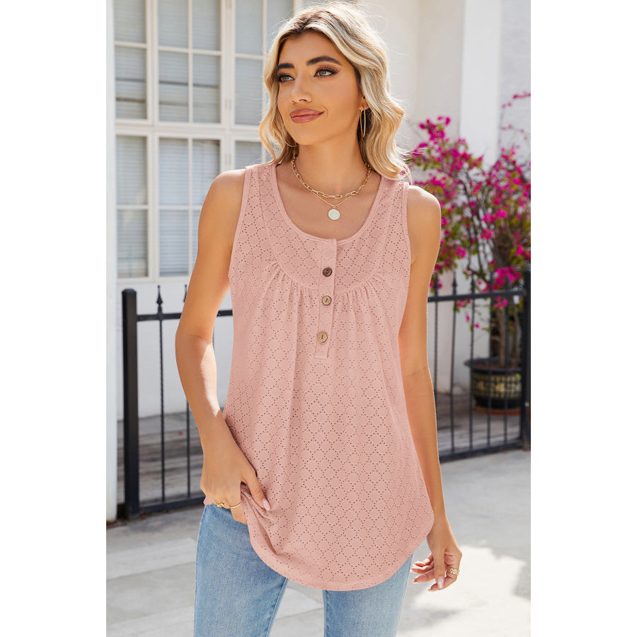 Eyelet Buttoned Round Neck Tank Apparel and Accessories