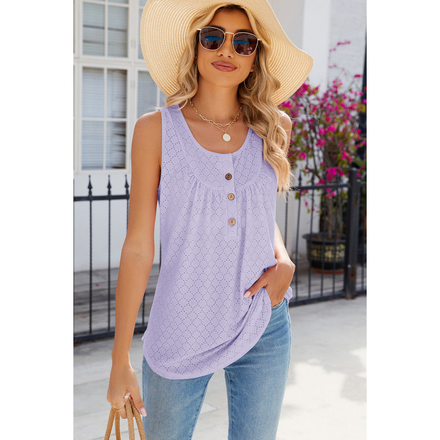 Eyelet Buttoned Round Neck Tank Apparel and Accessories