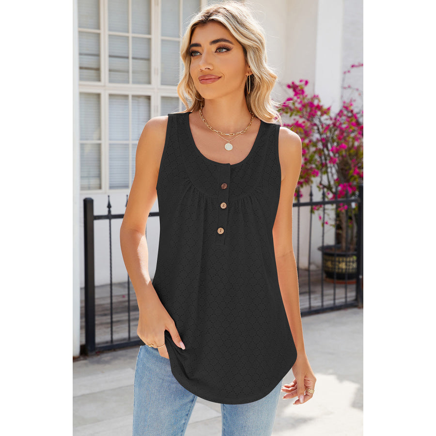 Eyelet Buttoned Round Neck Tank Apparel and Accessories