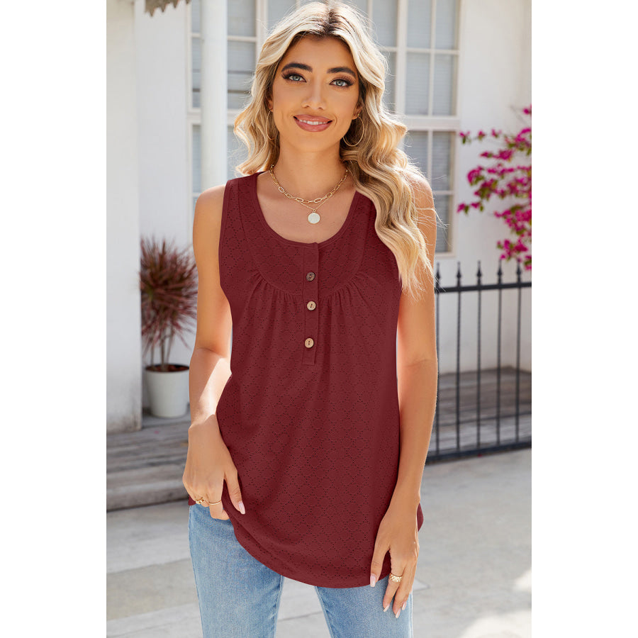 Eyelet Buttoned Round Neck Tank Apparel and Accessories