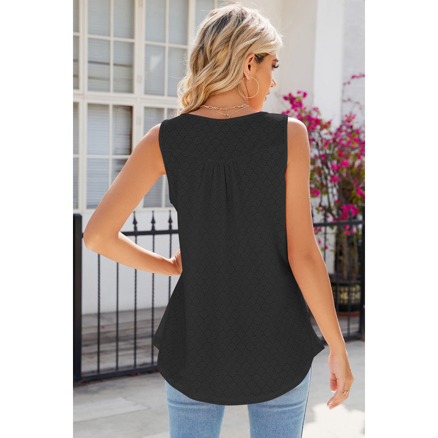 Eyelet Buttoned Round Neck Tank Apparel and Accessories