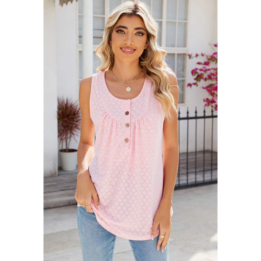 Eyelet Buttoned Round Neck Tank Apparel and Accessories