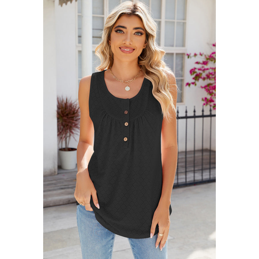 Eyelet Buttoned Round Neck Tank Black / S Apparel and Accessories