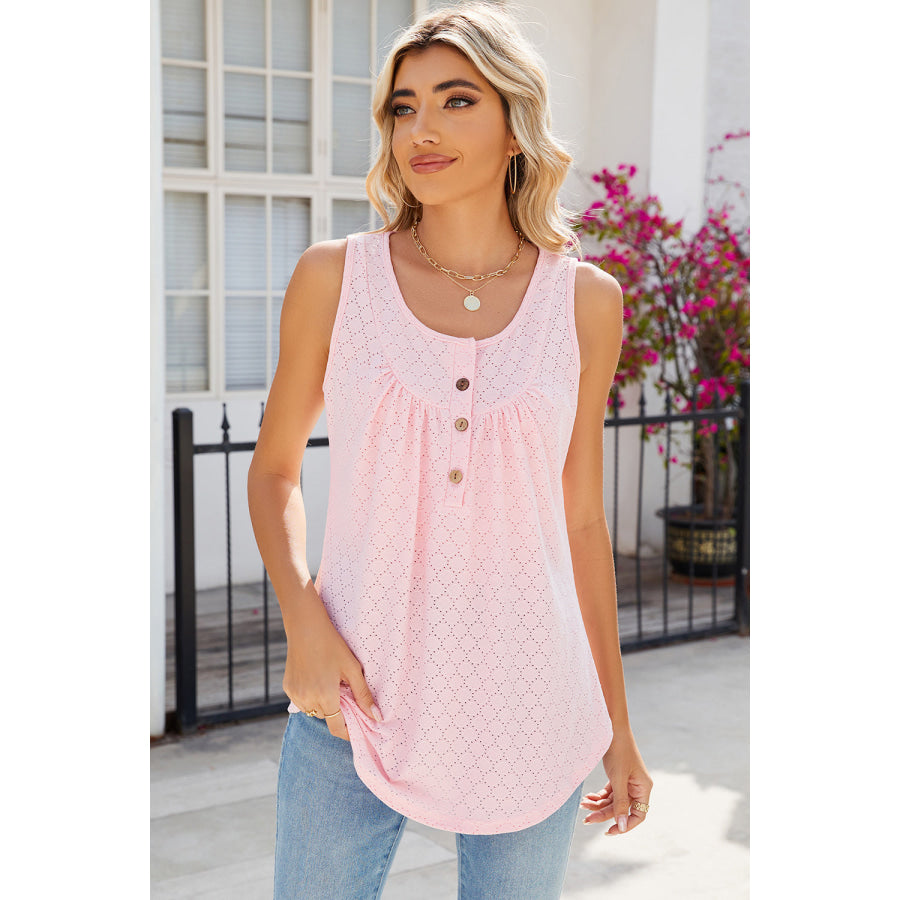 Eyelet Buttoned Round Neck Tank Blush Pink / S Apparel and Accessories