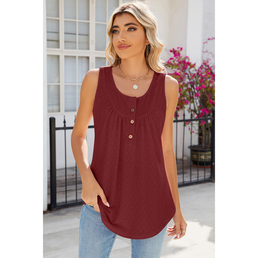 Eyelet Buttoned Round Neck Tank Brick Red / S Apparel and Accessories