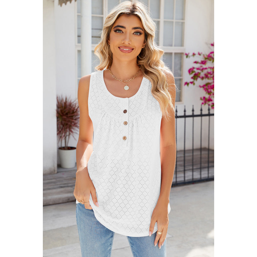 Eyelet Buttoned Round Neck Tank White / S Apparel and Accessories